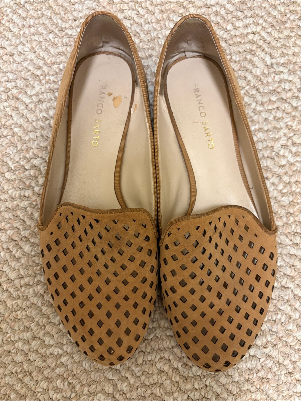 Franco Sarto Tan Perforated Pointed-Toe Leather Flats Women’s 9